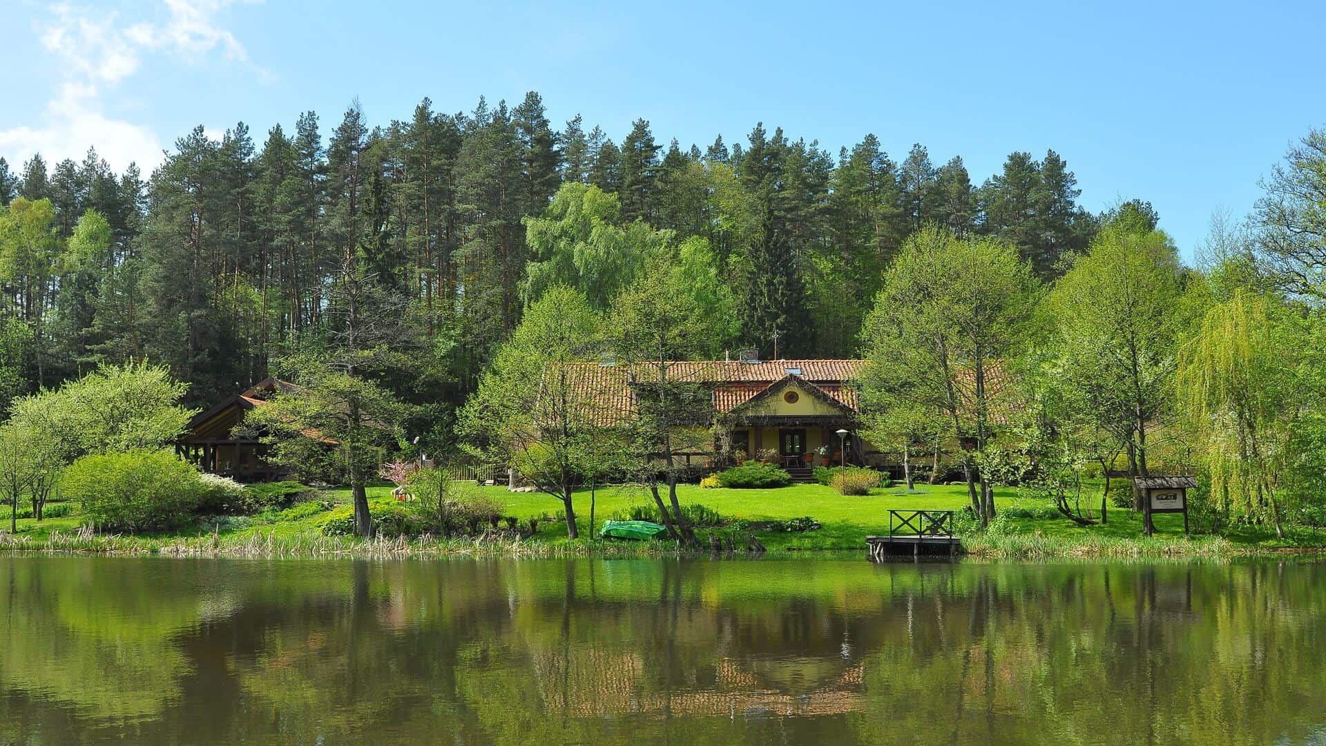 domek nad jeziorem w srodku lasu