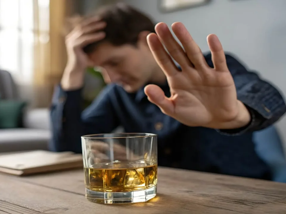 odstawienie alkoholu facet pokazujący stop alkoholowi